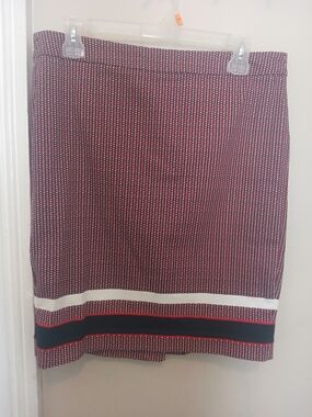 Tommy Hilfiger High Waisted Red Patterned Pencil Skirt with Stripe Hem